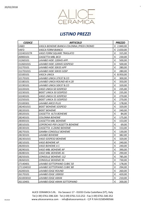 Alice Ceramica - Preisliste Design 2018