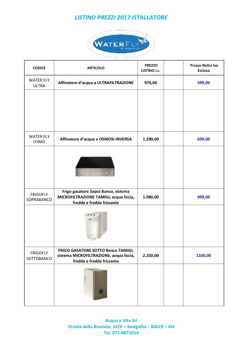 WaterFly - Listino prezzi Installatori 2017