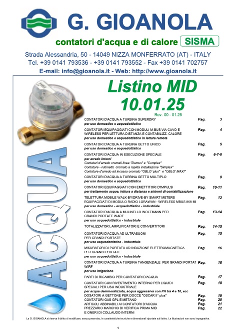 Gioanola - Listino prezzi Acqua