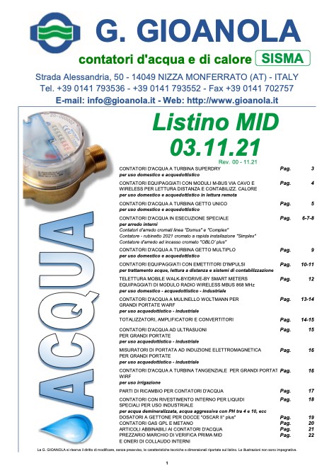 Gioanola - Price list Acqua