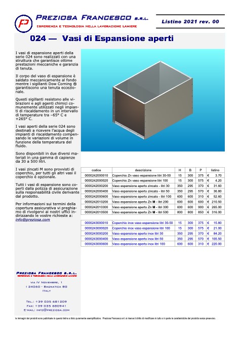 Preziosa Francesco - Listino prezzi Vasi di espansione aperti