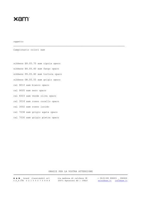 Xam - Catalogo Campionario colori