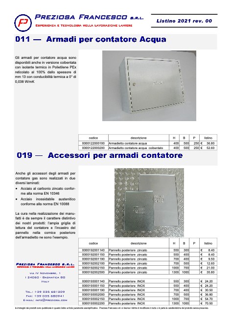 Preziosa Francesco - Listino prezzi Armadi per contatore Acqua e Accessori