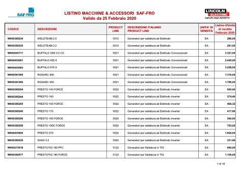 Saf Fro - Price list Macchine ed accessori