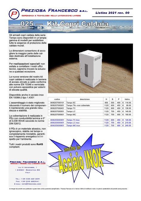Preziosa Francesco - Listino prezzi Kit copri caldaia