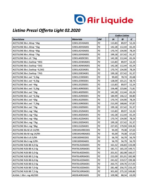 Air Liquide - Liste de prix Offerta Light