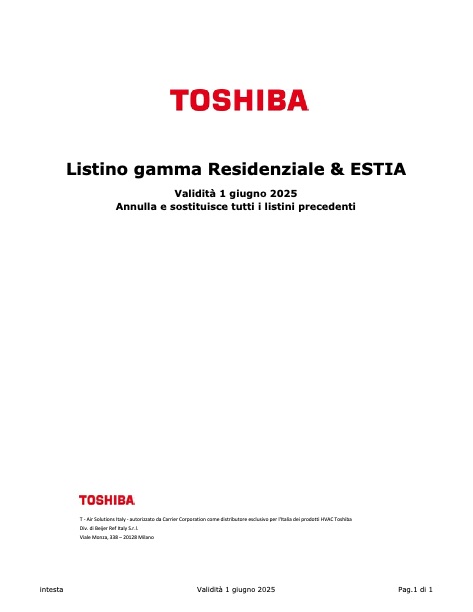 Toshiba Italia Multiclima - Listino prezzi Gamma Residenziale & Estia