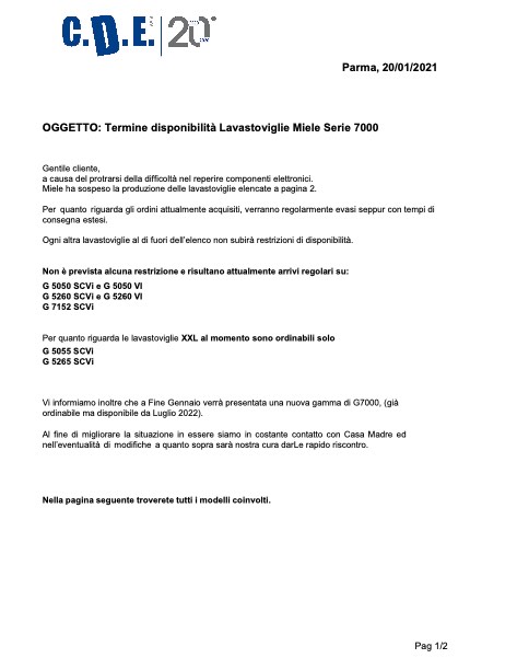 C.D.E. Centro Ducale Elettrodomestici da incasso - 目录 Termine disponibilità lavastoviglie Serie 7000