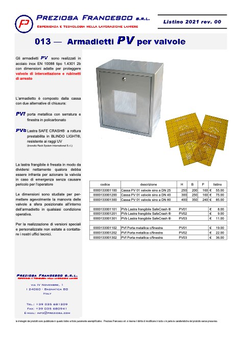 Preziosa Francesco - Listino prezzi Armadietti PV per valvole
