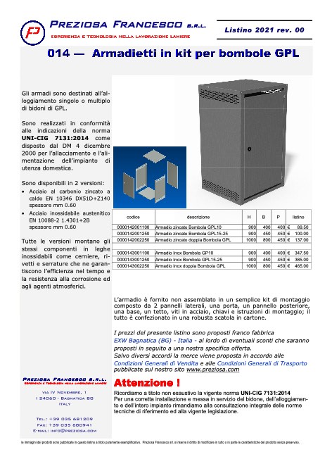 Preziosa Francesco - Lista de precios Armadietti in kit per bombole GPL